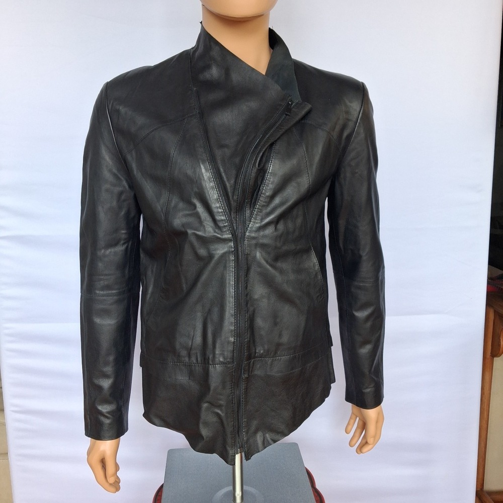 Men's Zara unique Asymmetric Leather Jacket , Stand-Up collar , size: M
